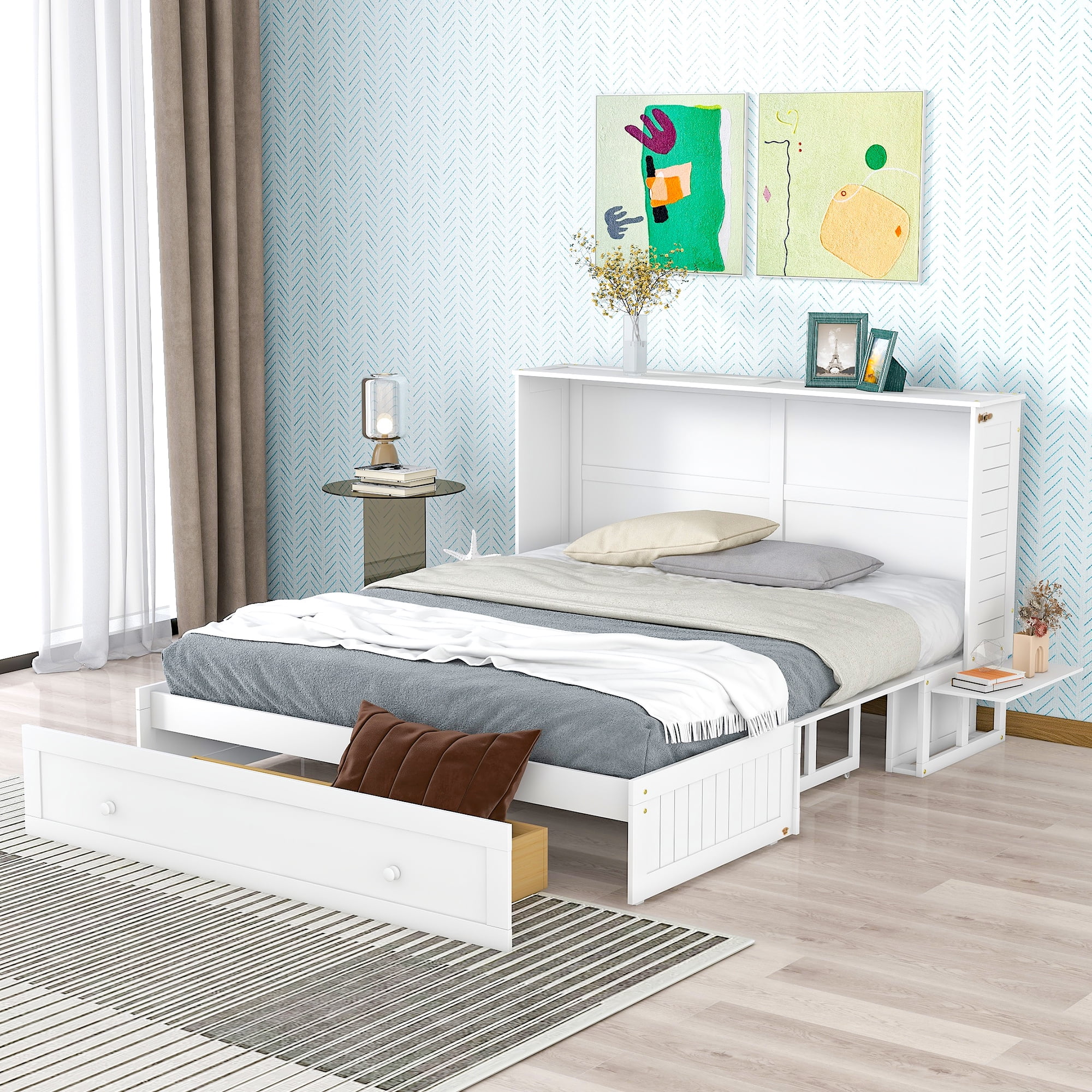 Euroco Queen Size Murphy Bed with Shelf and Drawers, Convertible into a Cabinet with USB Charging Station for Adult Living Room, Easy Open and Close