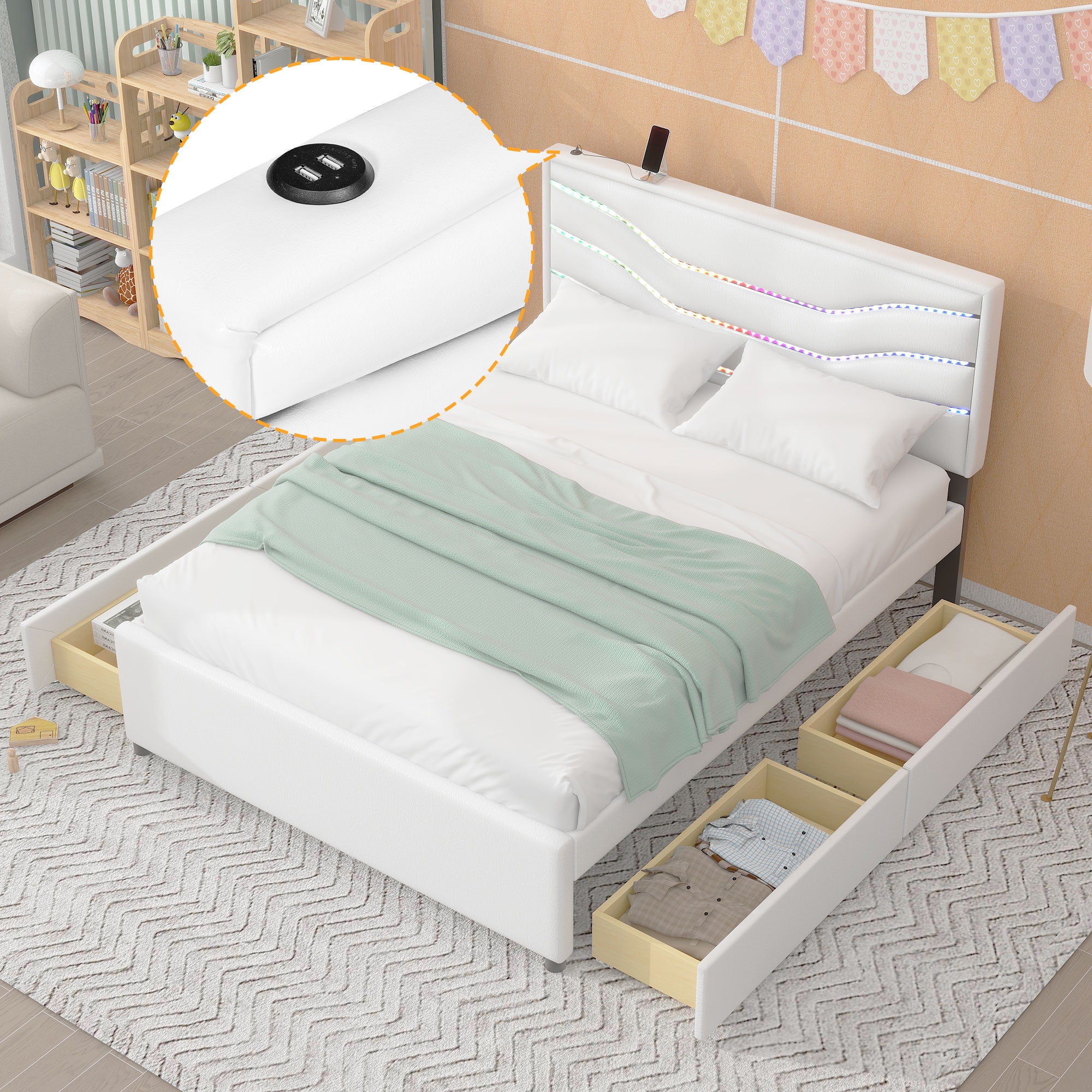 Euroco Queen Size Platform Bed with LED Light and 4 Drawers, Upholstery