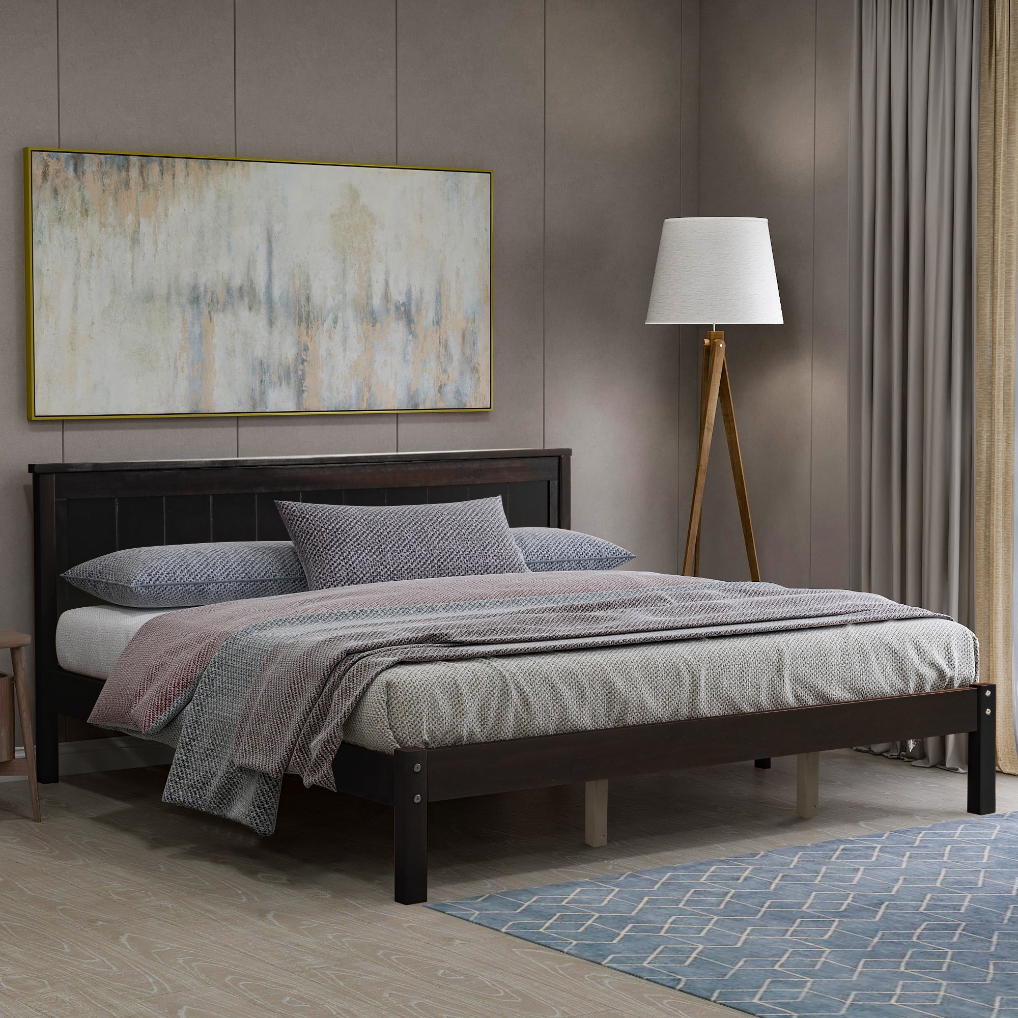 Euroco Queen Size Platform Bed, Solid Wood Frame with Headboard for Kids Teens Adults, Espresso