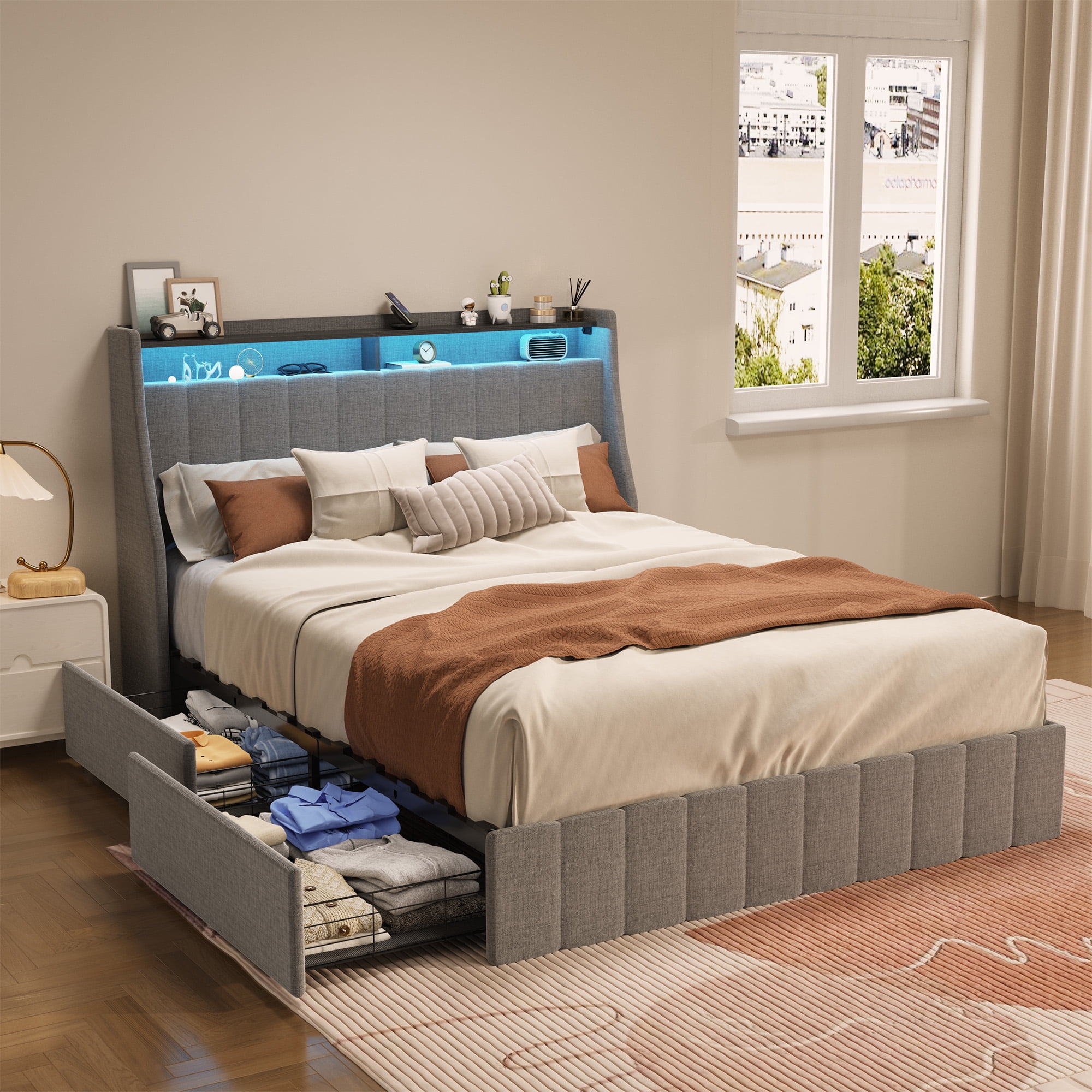 Euroco Queen Size Platform Bed with LED Light, Modern Storage Bed with 4 Drawers, Light Grey