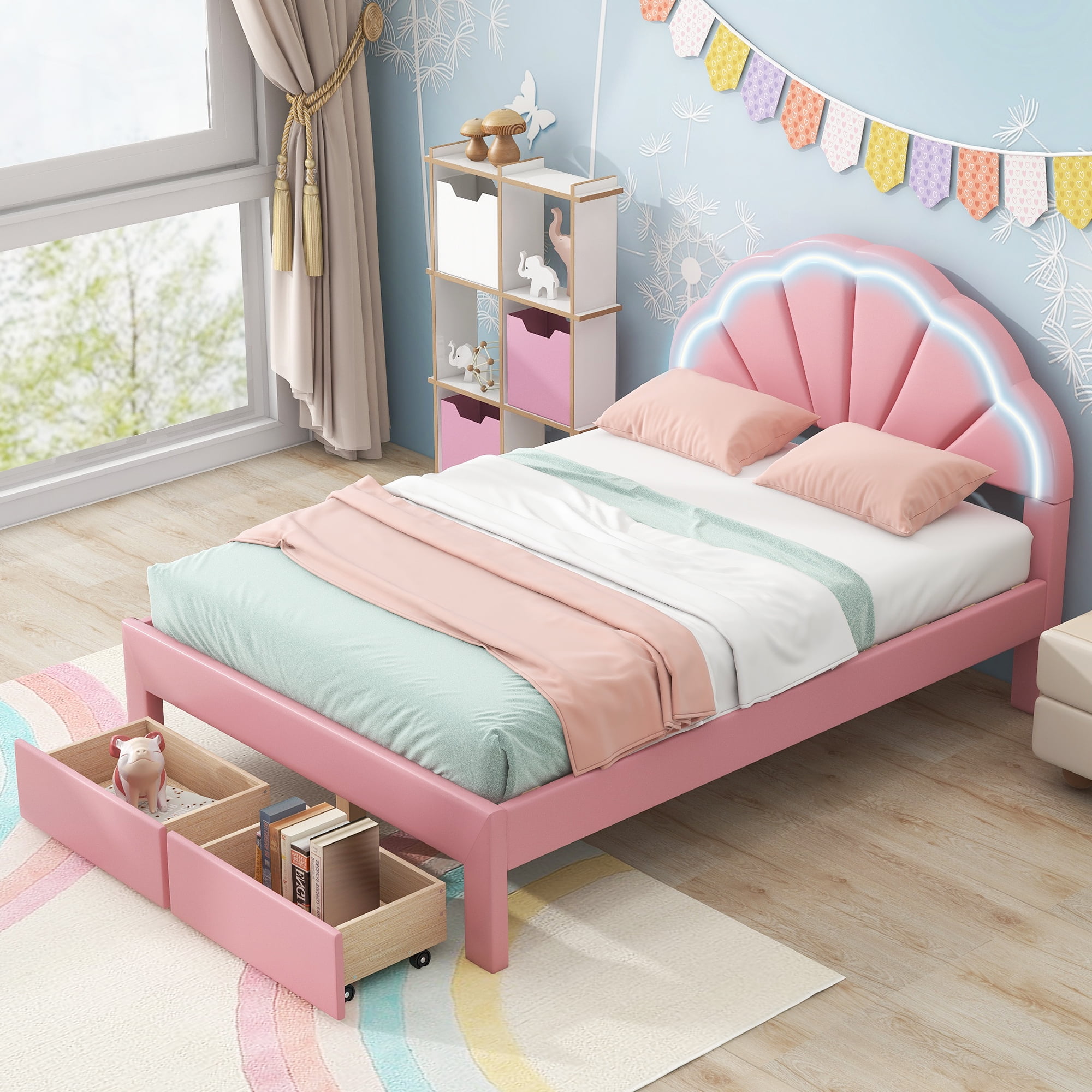 Euroco Full Size LED Bed Frame with Drawer, PU Leather Upholstered Platform Bed for Kids Adults,Pink