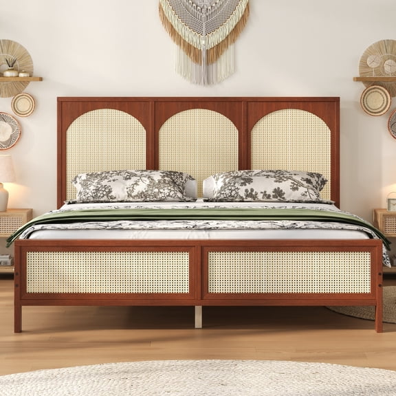 Euroco Queen Size Platform Bed with Rattan Headboard, Walnut