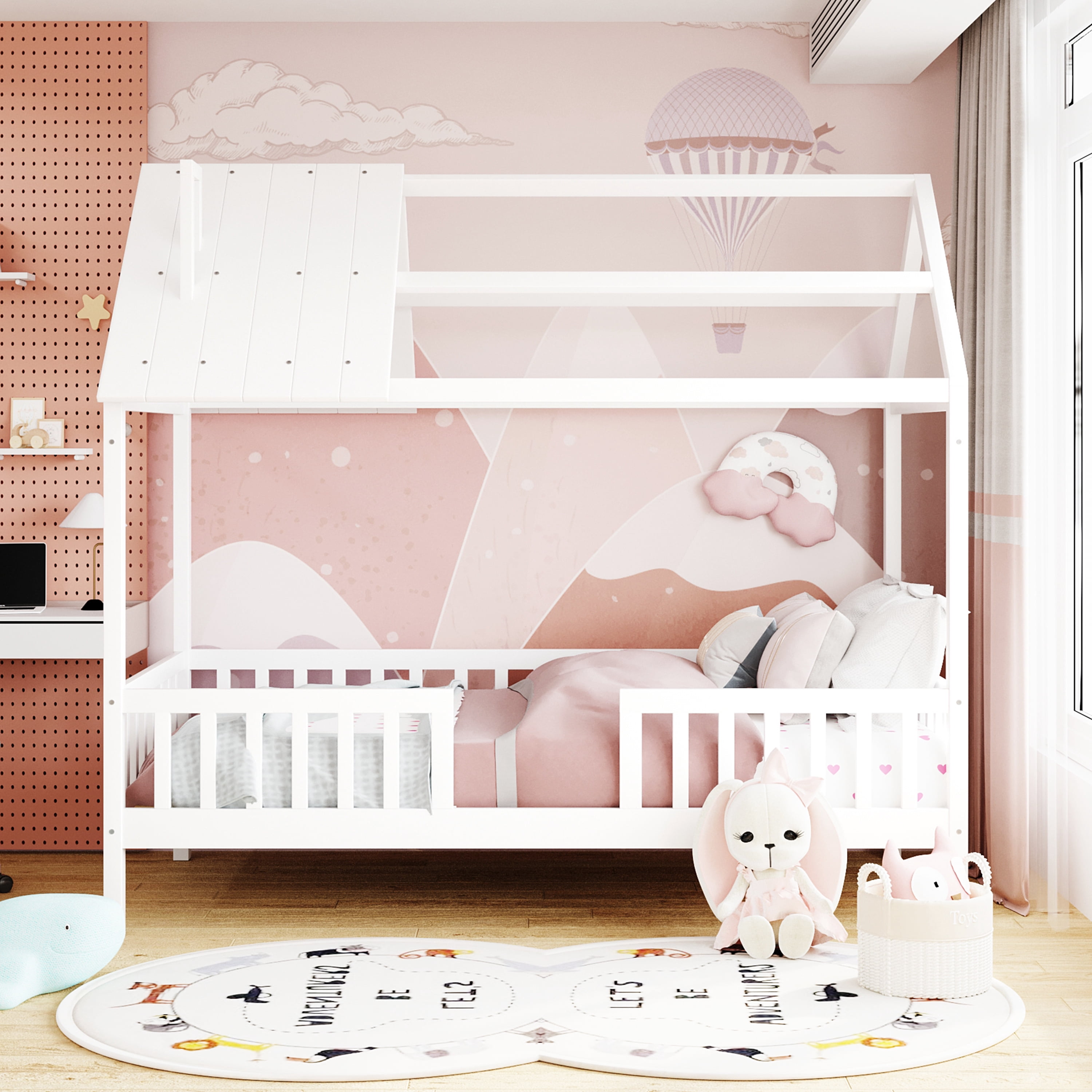 Euroco Twin Size Platform Bed, House Bed with Fence for Kids, White
