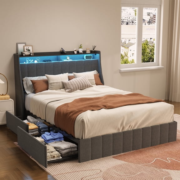 Euroco Queen Size Platform Bed with LED Light, Modern Storage Bed with 4 Drawers, Grey