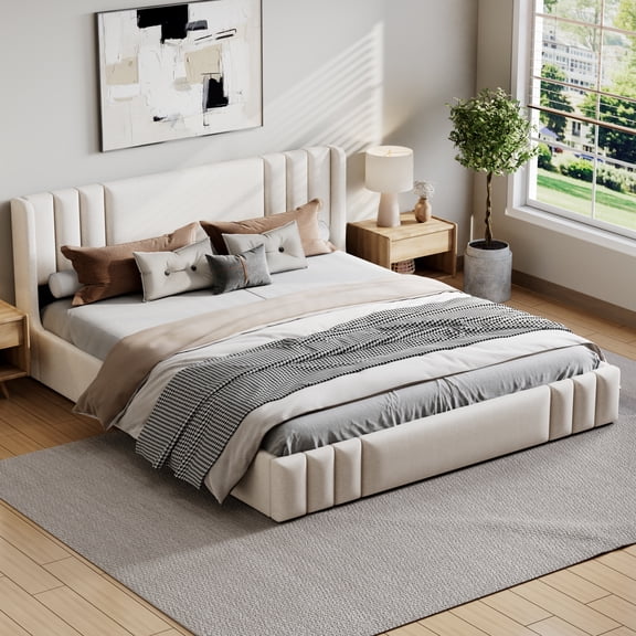 Euroco Queen Size Upholstery Platform Bed with Headboard, No Box Spring Needed, Beige