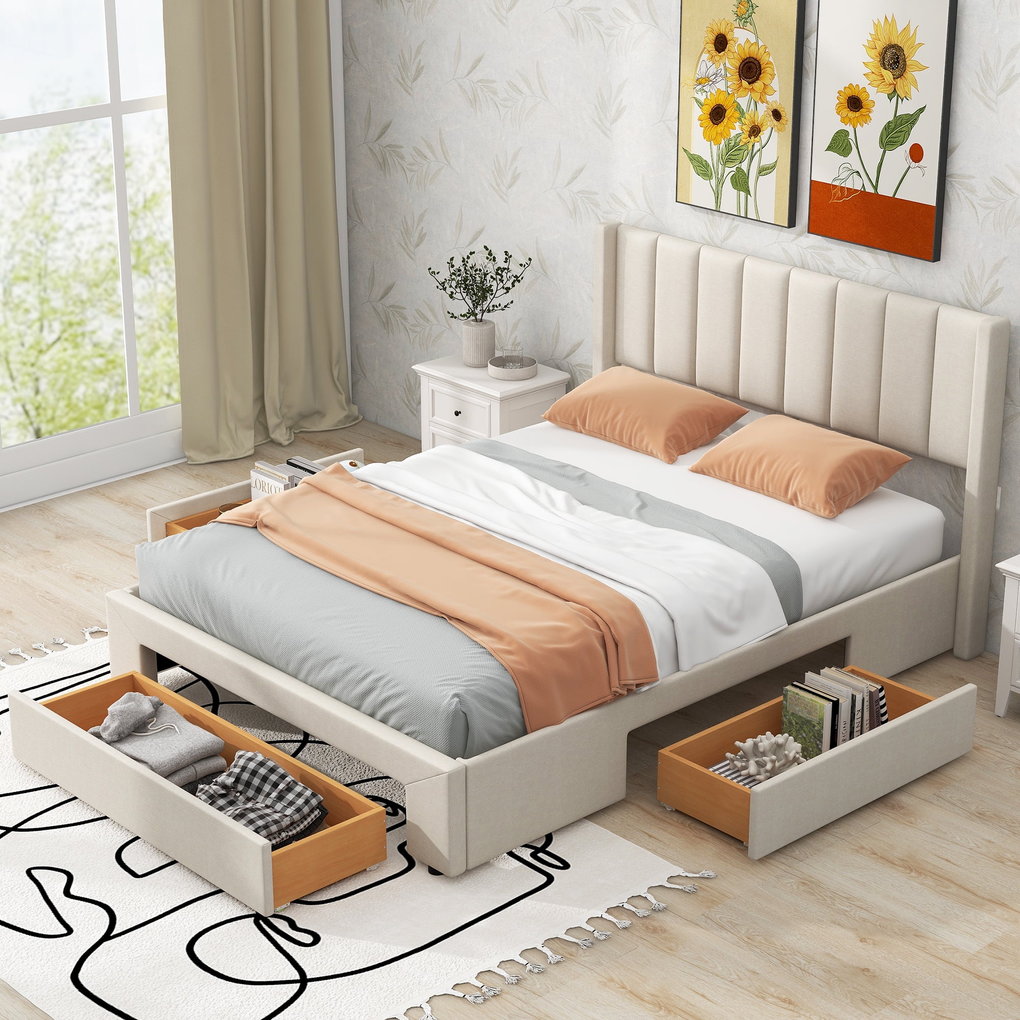 Euroco Queen Size Upholstery Platform Bed with Three Storage