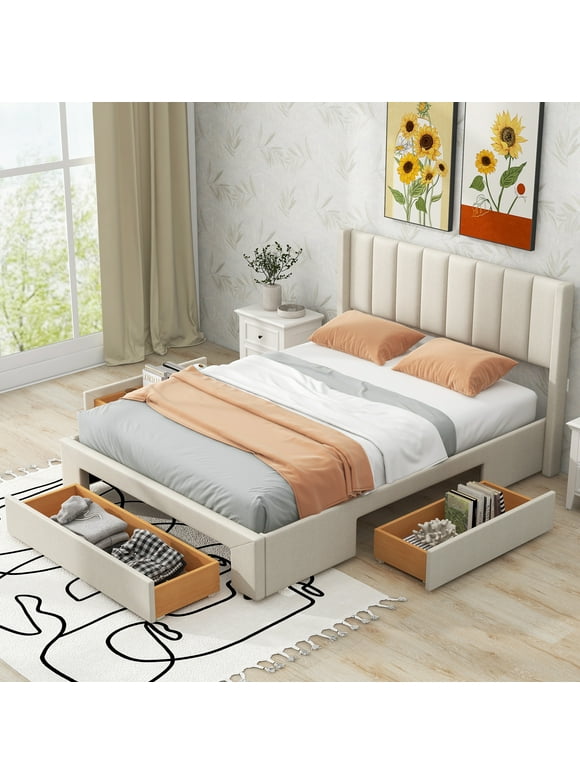 Euroco Queen Size Upholstery Platform Bed with Three Storage Drawers for Bedroom, Beige