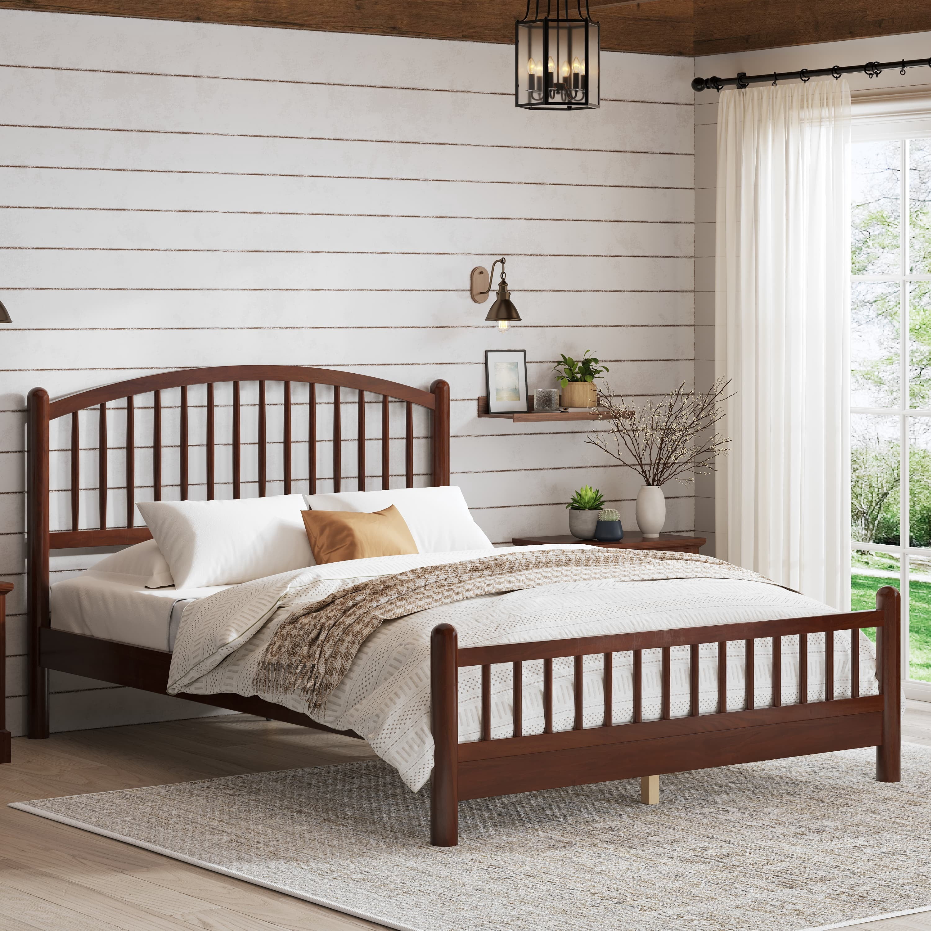 Euroco Queen Size Wood Platform Bed with Arched Headboard, No Box Spring Needed, Espresso