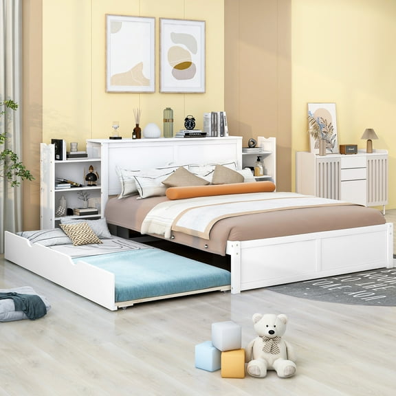 Euroco Queen Size Wood Platform Bed with Trundle and Storage Cabinet for Adults Bedroom