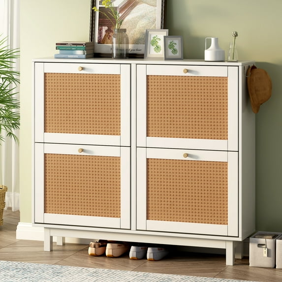 Euroco Rattan Shoe Cabinet with 4 Flip Drawers, Boho Style 2-Tier Shoe Storage Organizer with Large Space, Free Standing Shoe Rack for Entrance Hallway, White