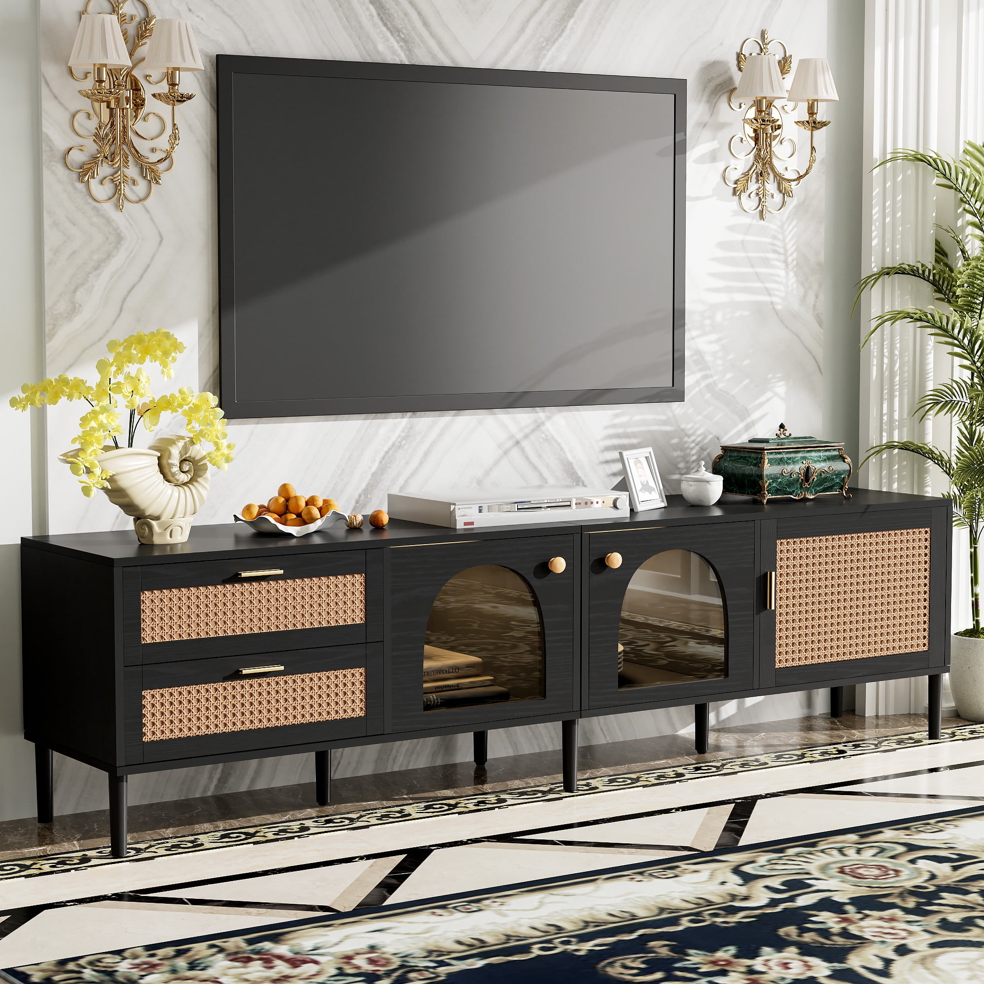 Euroco Rattan TV Stand for TVs up to 80", 70.8" Media Console with Drawers and Cabinets, Boho Entertainment Center with Storage, Sturdy Wooden TV Cabinet for Living Room, Natural Finish