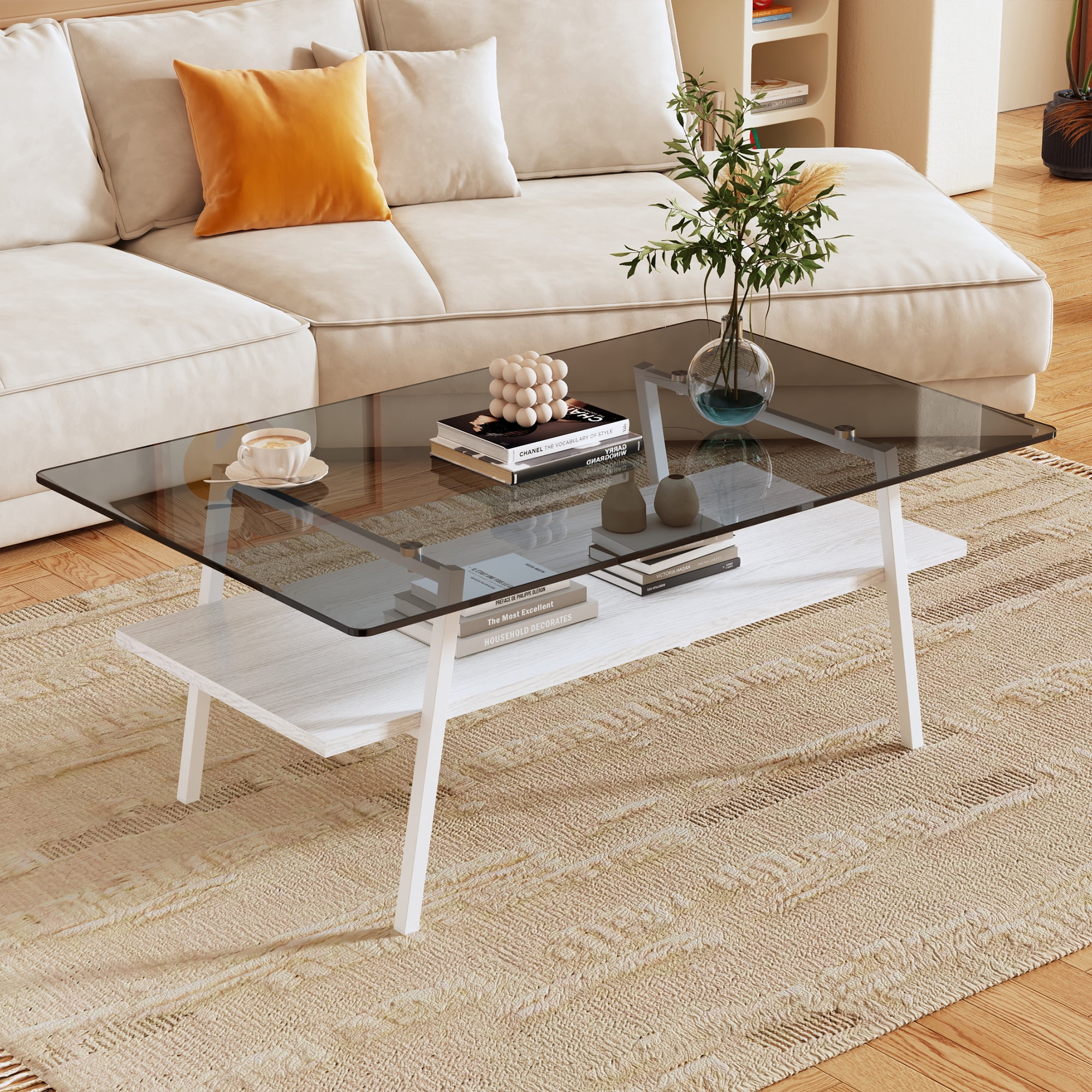 Euroco Rectangle Coffee Table, Tempered Glass Tabletop with White Metal Legs, Modern Table for Living Room , Gray Glass