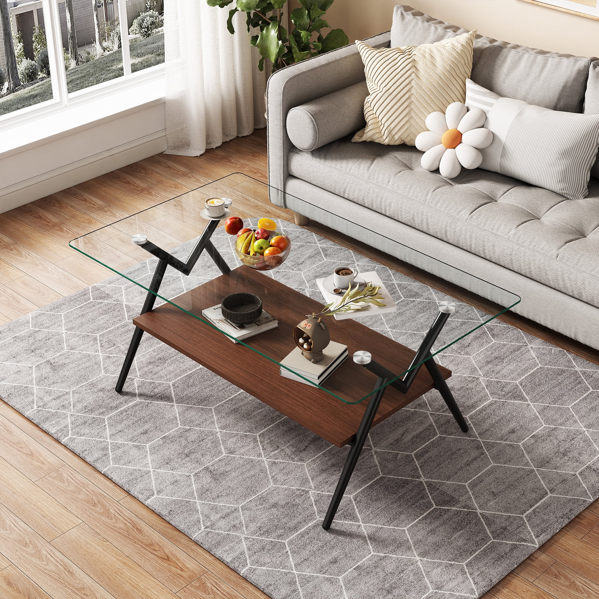 Euroco Rectangle Coffee Table with Tempered Glass top and Black Metal Legs, Modern Table for Living Room , Transparent Glass