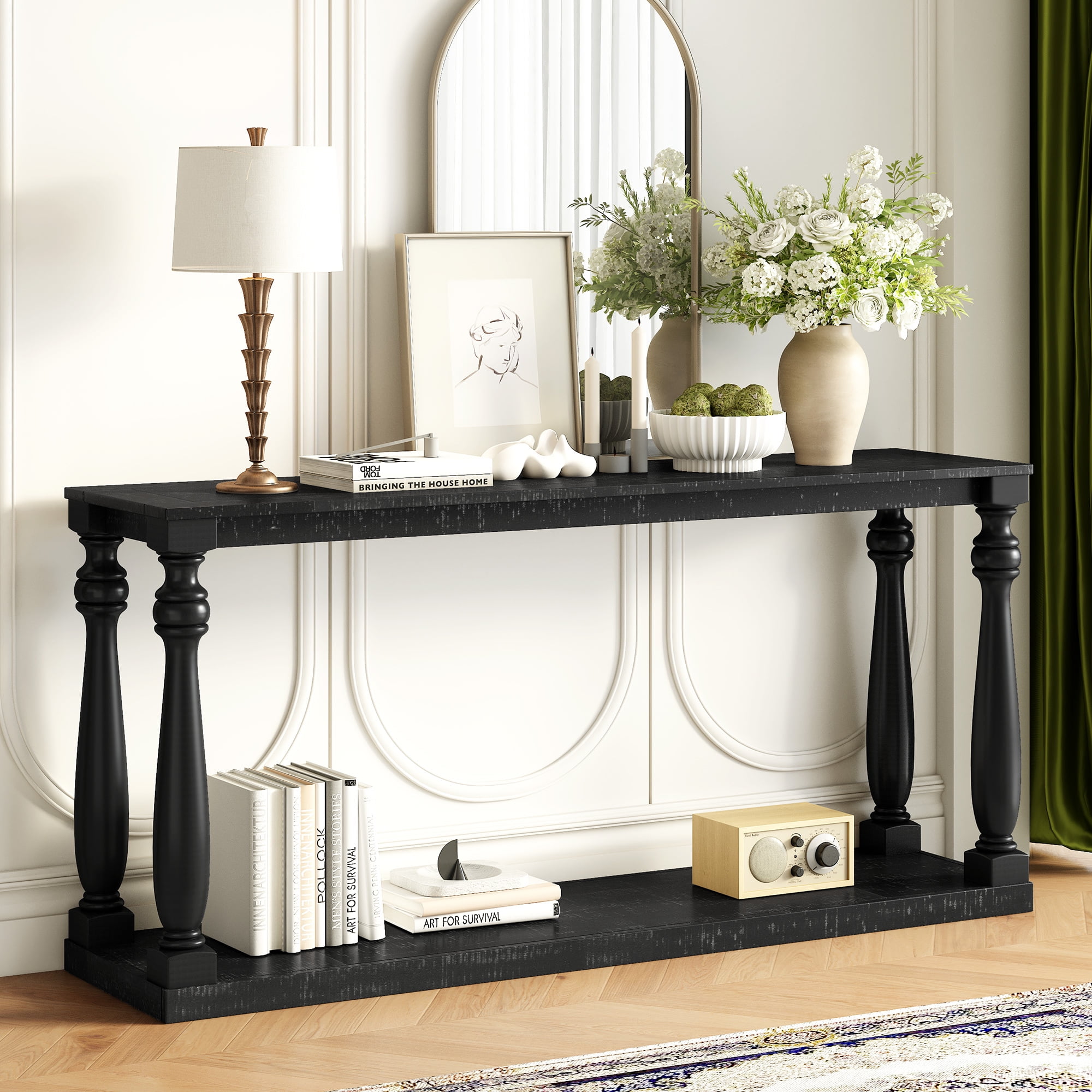 Euroco Retro Console Table,63" Extra Long Entryway Table with Bottom Shelf and 4 Vase Legs, 2-Tier Narrow Sofa Table Behind the Couch for Entryway, Hallway, Living Room,Black