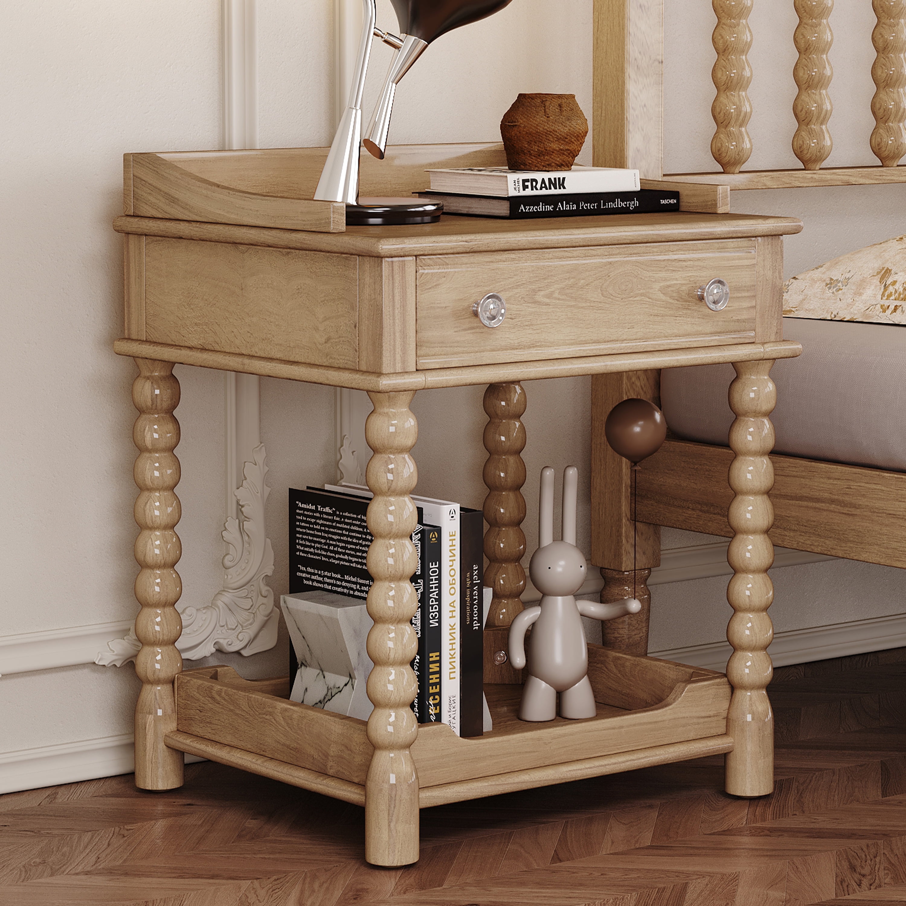 Euroco Retro Nightstand with Storage Drawer, 20 Inch Wider Bedside Table with Bottom Shelf,2-Tier Wood End Table for Bedroom, Living Room, Closet,Natural
