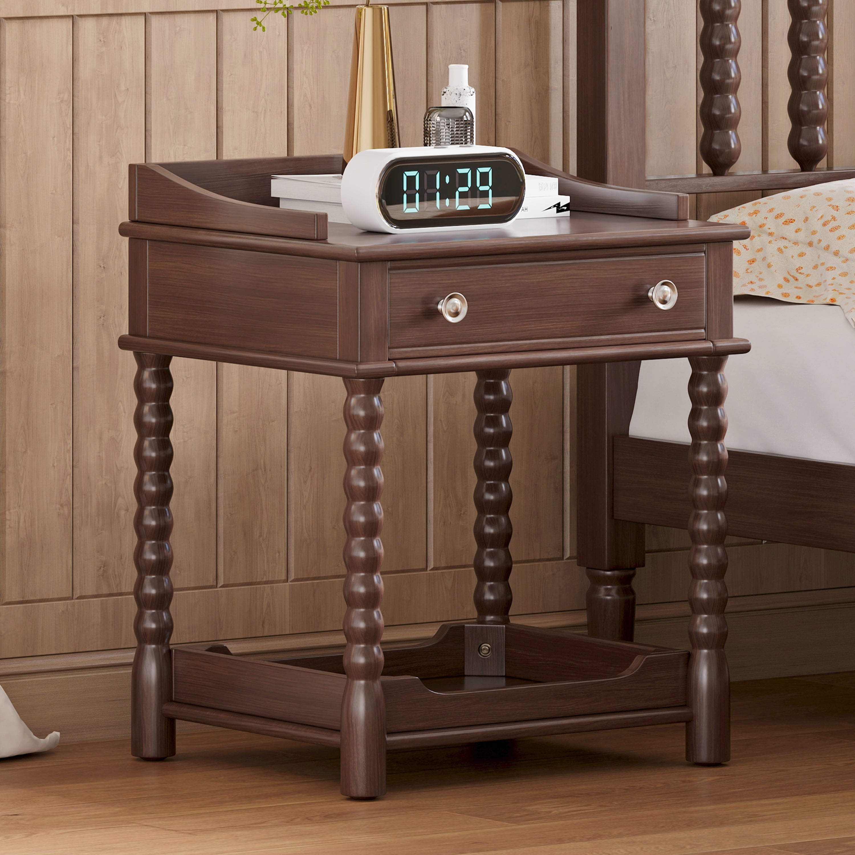 Euroco Retro Nightstand with Storage Drawer, 20 Inch Wider Bedside Table with Bottom Shelf,2-Tier Wood End Table for Bedroom, Living Room, Closet,Walnut