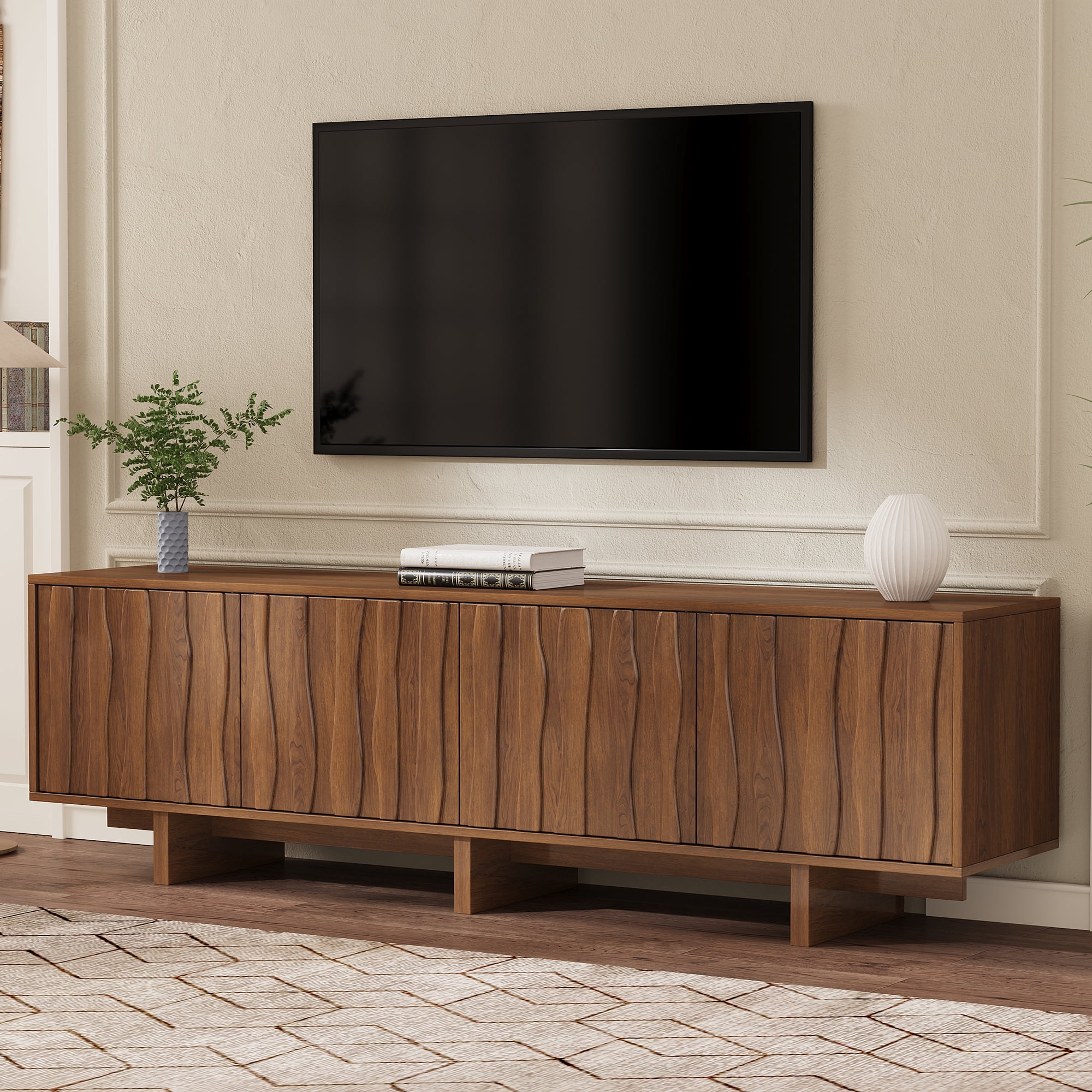 Euroco Retro Style Wood Grain TV Stand with Wavy Door Design for TVs up to 75", Rustic Media Console with Ample Storage Space, Sturdy Base TV Cabinet with Cable Management