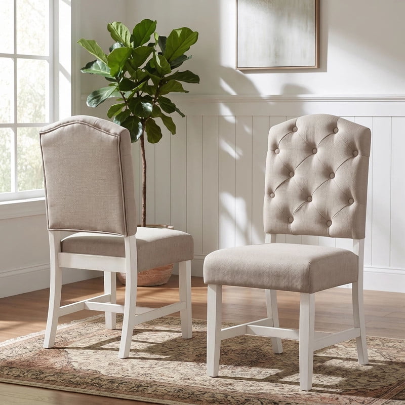 Euroco Retro Upholstered Dining Chairs Set of 2, Fabric Dining Side Chairs,Kitchen Chairs with High Backrest for Dining Room Living Room,Off White