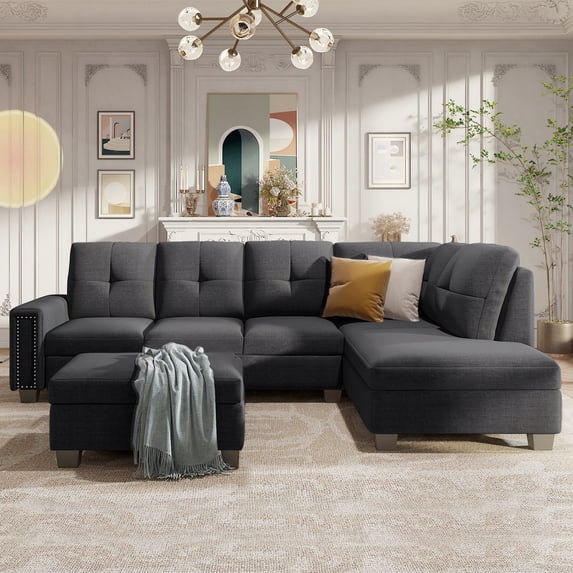 Euroco Reversible Sectional Sofa 6 Seat Couch with Storage Ottoman, L-shape Sofa with Rivet for Living Room, Dark Gray