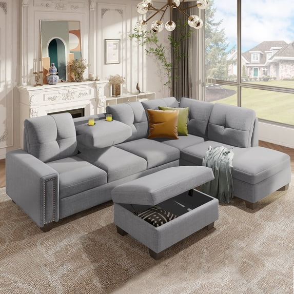 Euroco Reversible Sectional Sofa 6 Seat Couch with Storage Ottoman, L-shape Sofa with Rivet for Living Room, Light Gray