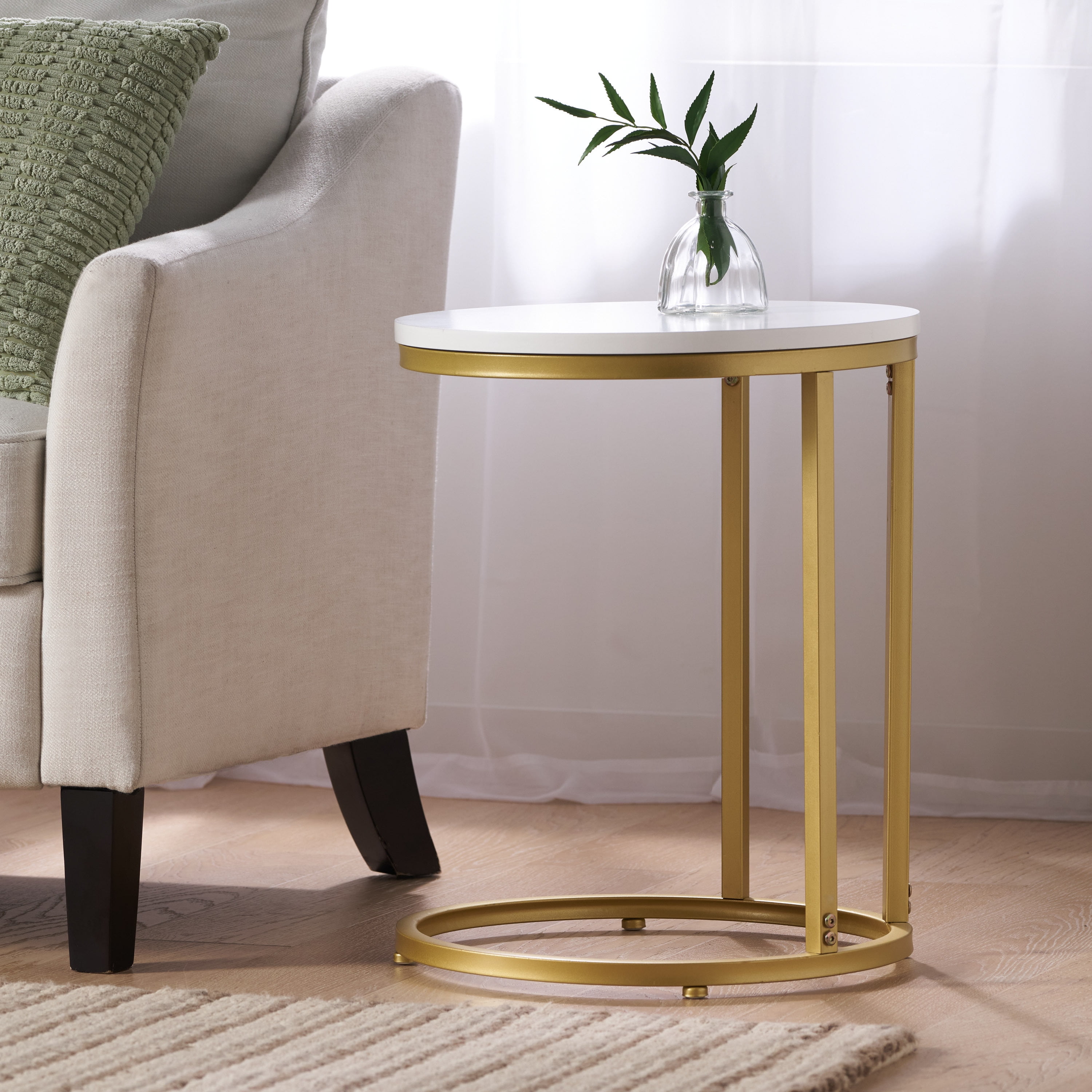 Euroco Round End Table,Modern Side Table Nightstand with Metal Frame and C-Shape Design for Small Space,Living Room, Bedroom