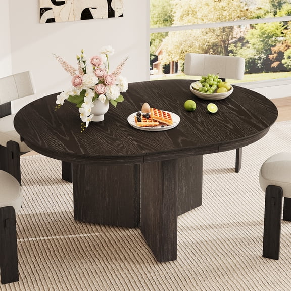 Euroco Round Extendable Dining Table for 4-6, 42"-58" Modern Oval Kitchen Table with Wood Pedestal Base & Adjustable Foot Pads for Kitchen,Dining Room,Espresso