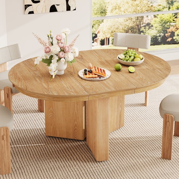 Euroco Round Extendable Dining Table for 4-6, 42"-58" Modern Oval Kitchen Table with Wood Pedestal Base & Adjustable Foot Pads for Kitchen,Dining Room,Natural