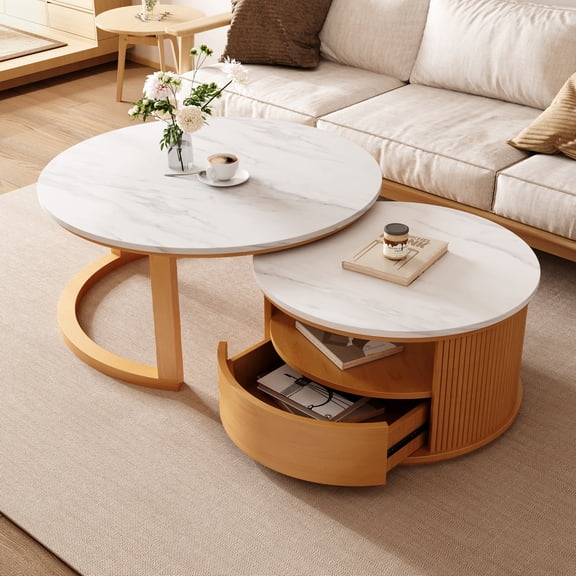 Euroco Round Nesting Coffee Table with White Marble Top, 2-Tier storage and 1 drawer, Natural, 28.5"