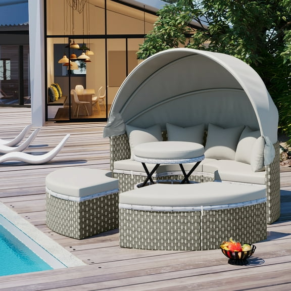Euroco Round Outdoor Rattan Daybed with Retractable Canopy and Adjustable Table, All-Weather Wicker Sectional Sofa Set with Cushions and Pillows