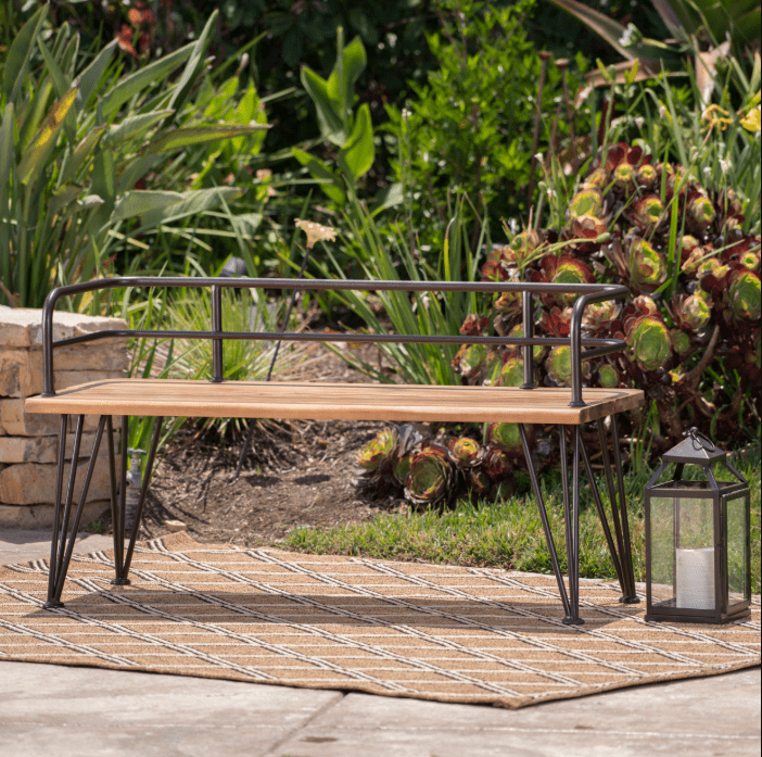 Euroco Rustic Acacia Wood Outdoor Bench with Powder-Coated Iron Frame, Patio Garden Seating