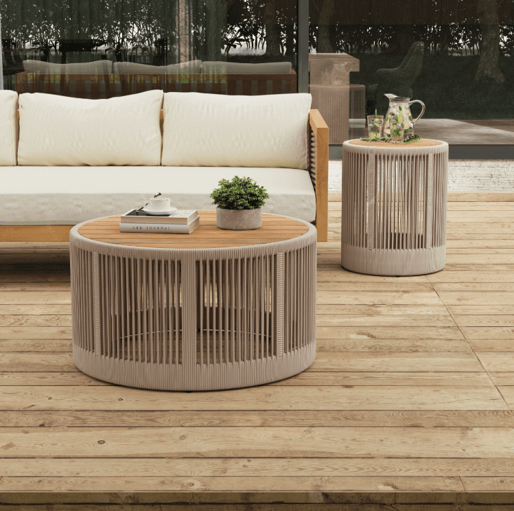 Euroco Rustic Industrial Table Set,Coffee Table & Side Table with Woven Rope Design, Modern Functionality Stylish Table Set for Living Room and Home Decor-Rope Beige