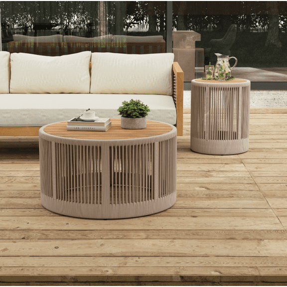 Euroco Rustic Industrial Table Set,Coffee Table & Side Table with Woven Rope Design, Modern Functionality Stylish Table Set for Living Room and Home Decor-Rope Beige