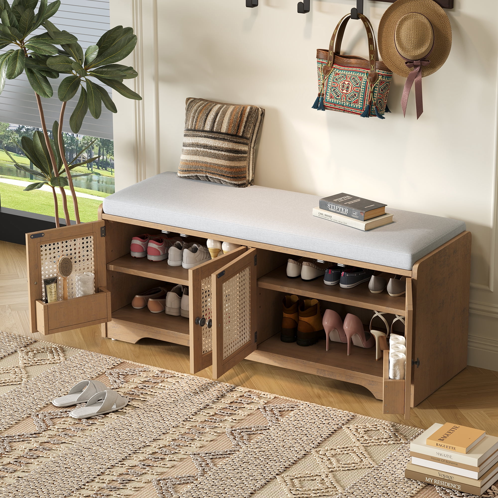 Euroco Rustic Storage Bench Multifunctional Wood Entryway Shoe Bench with Removable Cushion, Woven Rattan Doors & Adjustable Shelves for Hallway, Living Room (Brown+Beige )