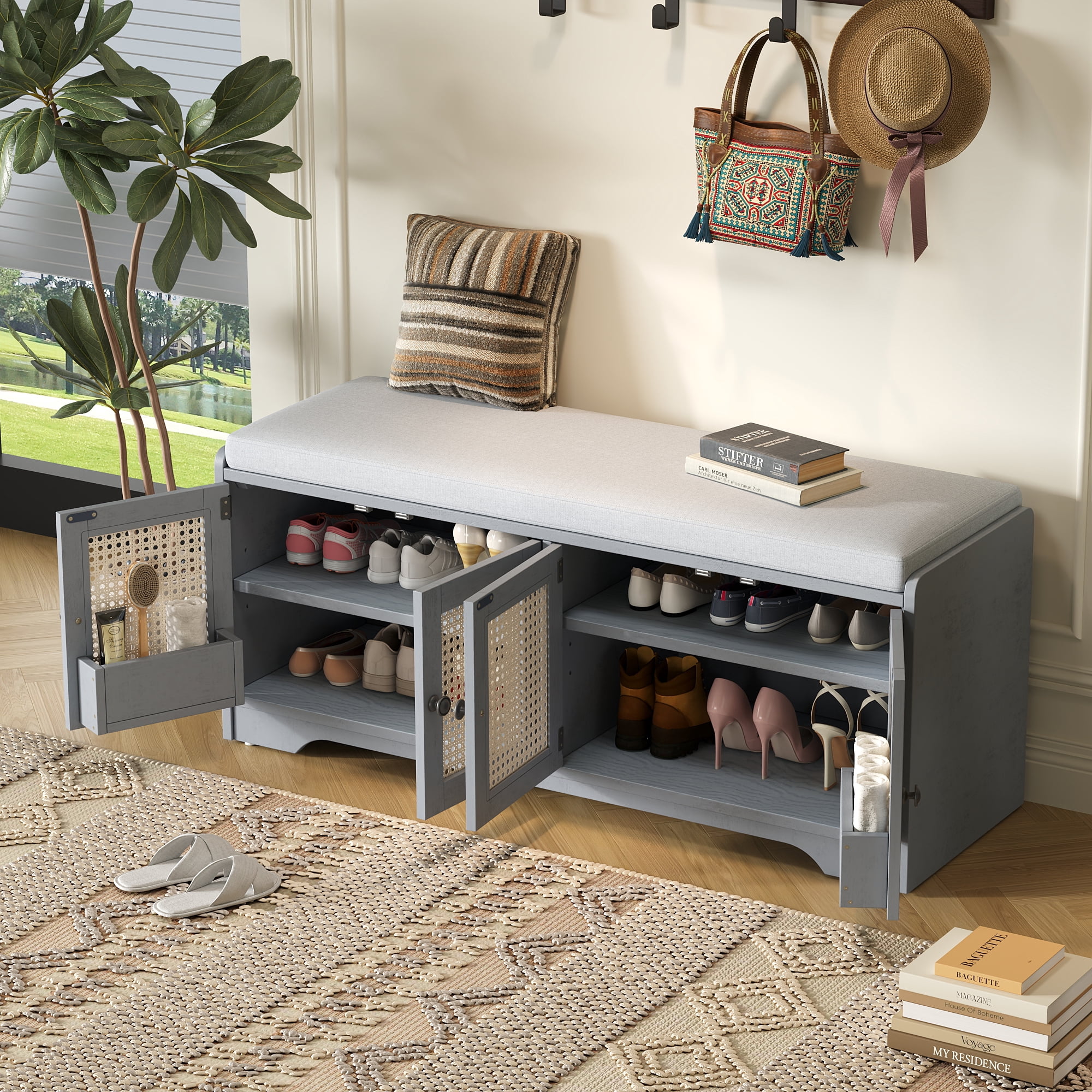 Euroco Multifunctional Storage Bench, Wood with Woven Rattan Doors, Gray