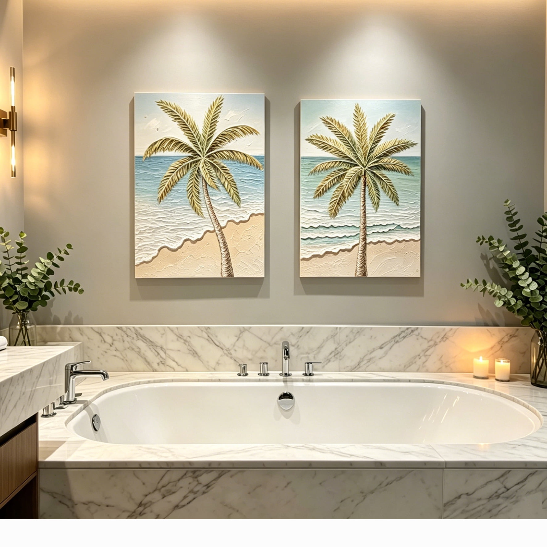 Euroco Seaside Palm Tree Wall Art Set of 2, 24x32 in Tropical Beach Canvas Painting,Hand-Painted Textured Tropical Decor for Living Room Bedroom