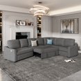 thumbnail image 1 of Euroco Sectional L Shaped Sofa with Pull-Out Bed, 129.5" Living Room Sofa Couch, Sleeper Sofa with USB Charging Port, Gray, 1 of 9
