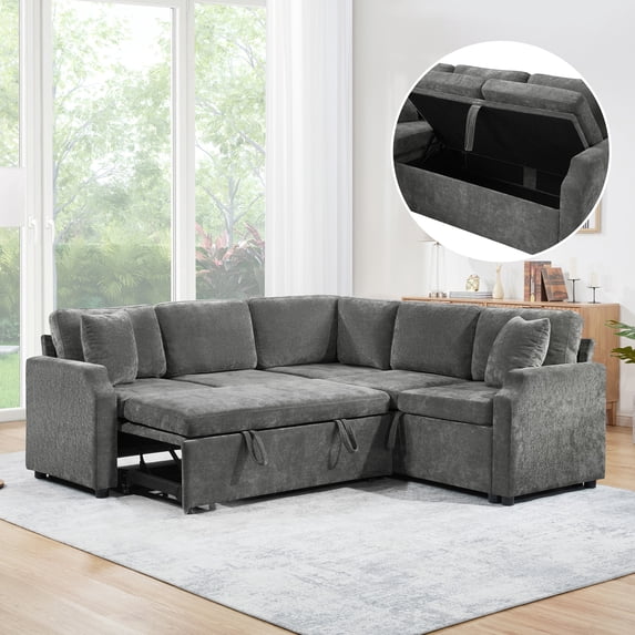 Euroco Sectional Sofa Bed L-shaped Sectional 81.9" Upholstered L-shaped Sofa with a Sofa Sleeper and a Hidden Storage Compartment for Living Room, Gray