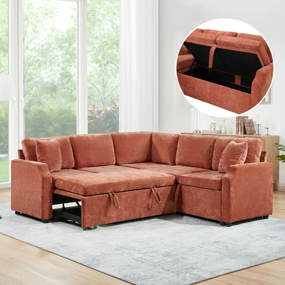 Euroco Sectional Sofa Bed L-shaped Sectional 81.9" Upholstered L-shaped Sofa with a Sofa Sleeper and a Hidden Storage Compartment for Living Room, Orange