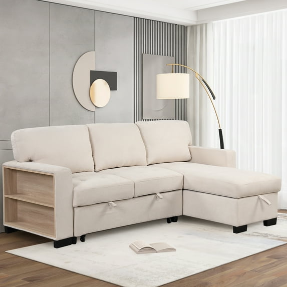 Euroco Sectional Sofa Set with Pull-Out Bed L-Shaped Lounge Sofa with Storage Rack Functional Sofa with Drop Down Table and USB Charger, Beige