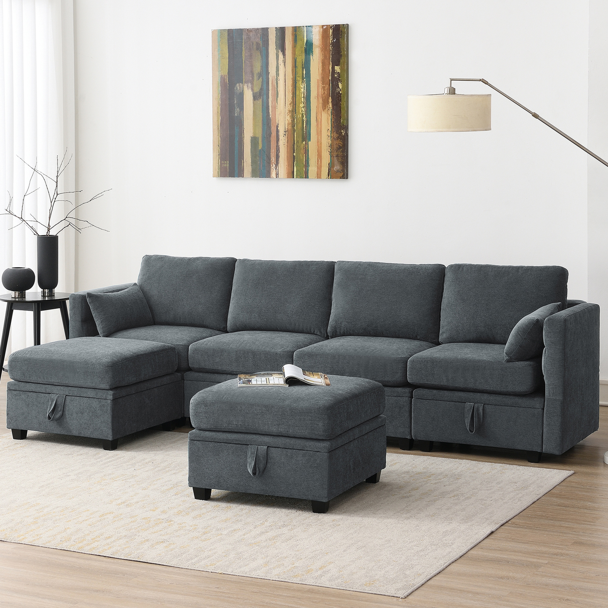 Euroco Sectional Sofa U Shaped Couch with Storage Ottoman, 6 Seat