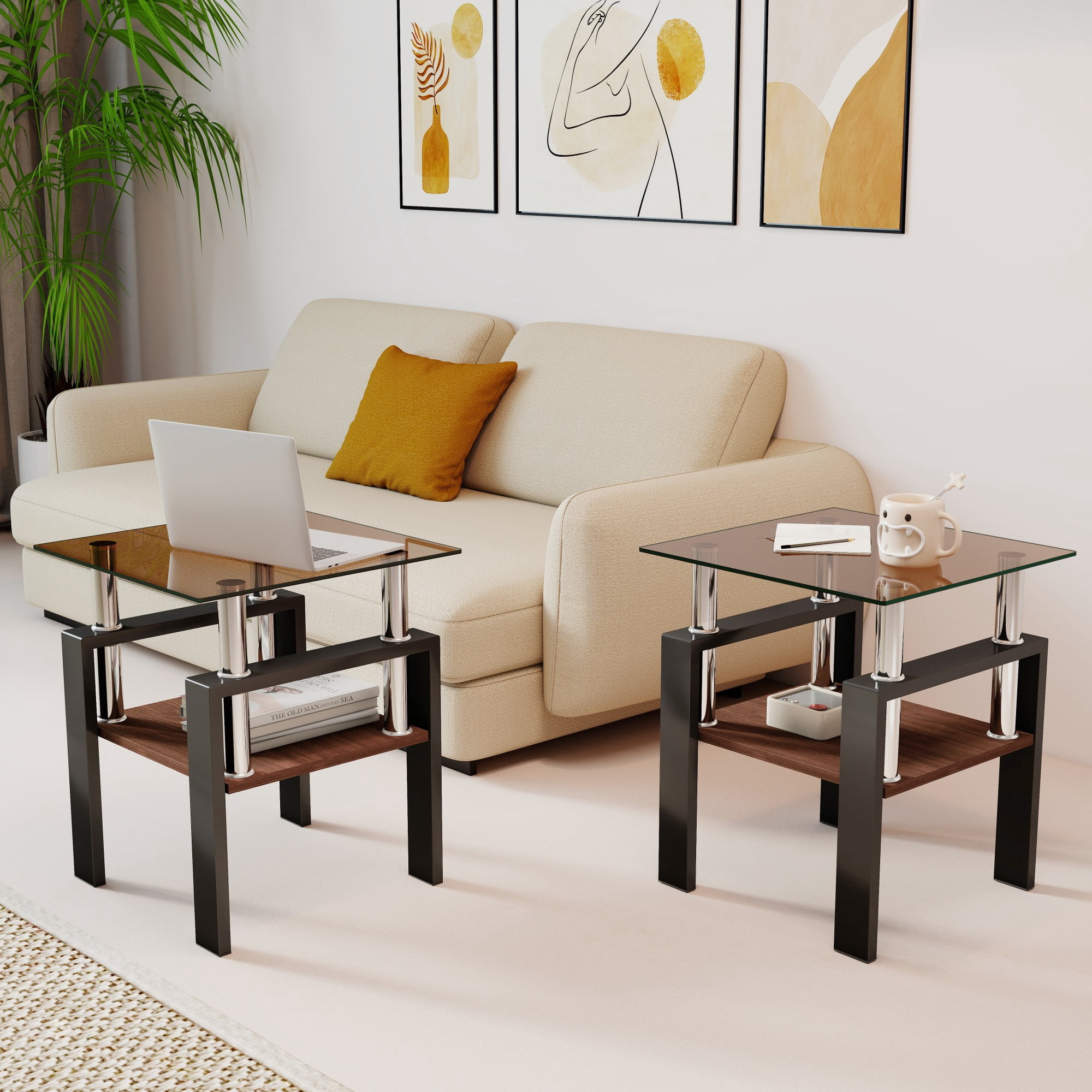 Euroco Set of 2 Modern Tempered Glass Tea Table ,Tempered Glass Tabletop with MDF Layer,Coffee Table,End Table, Square Table for Living Room, Brown/black