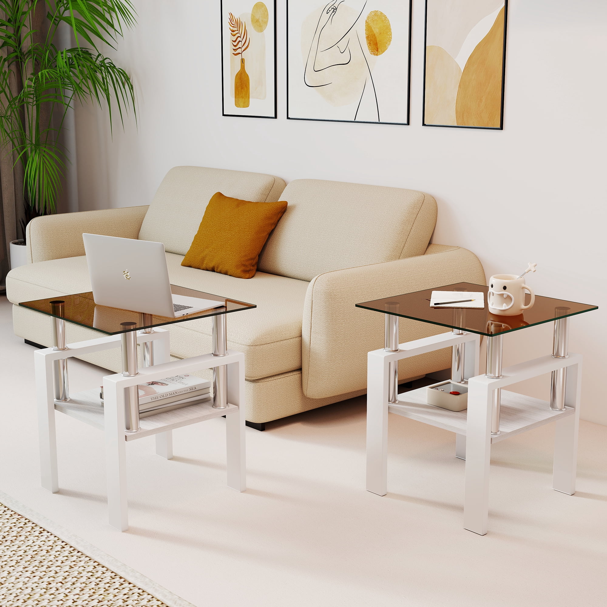 Euroco Set of 2 Modern Tempered Glass Tea Table ,Tempered Glass Tabletop with MDF Layer,Coffee Table,End Table, Square Table for Living Room, Brown/white