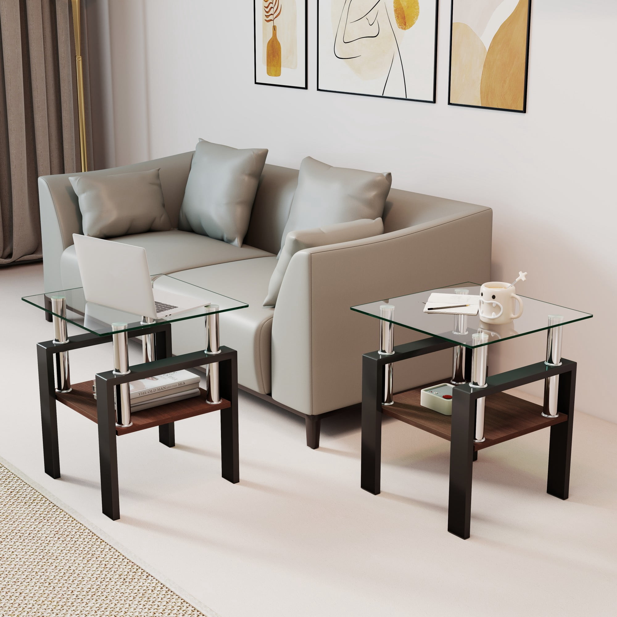 Euroco Set of 2 Modern Tempered Glass Tea Table,Tempered Glass Tabletop with MDF Layer,Coffee Table,End Table, Square Table for Living Room, Transparent/Black