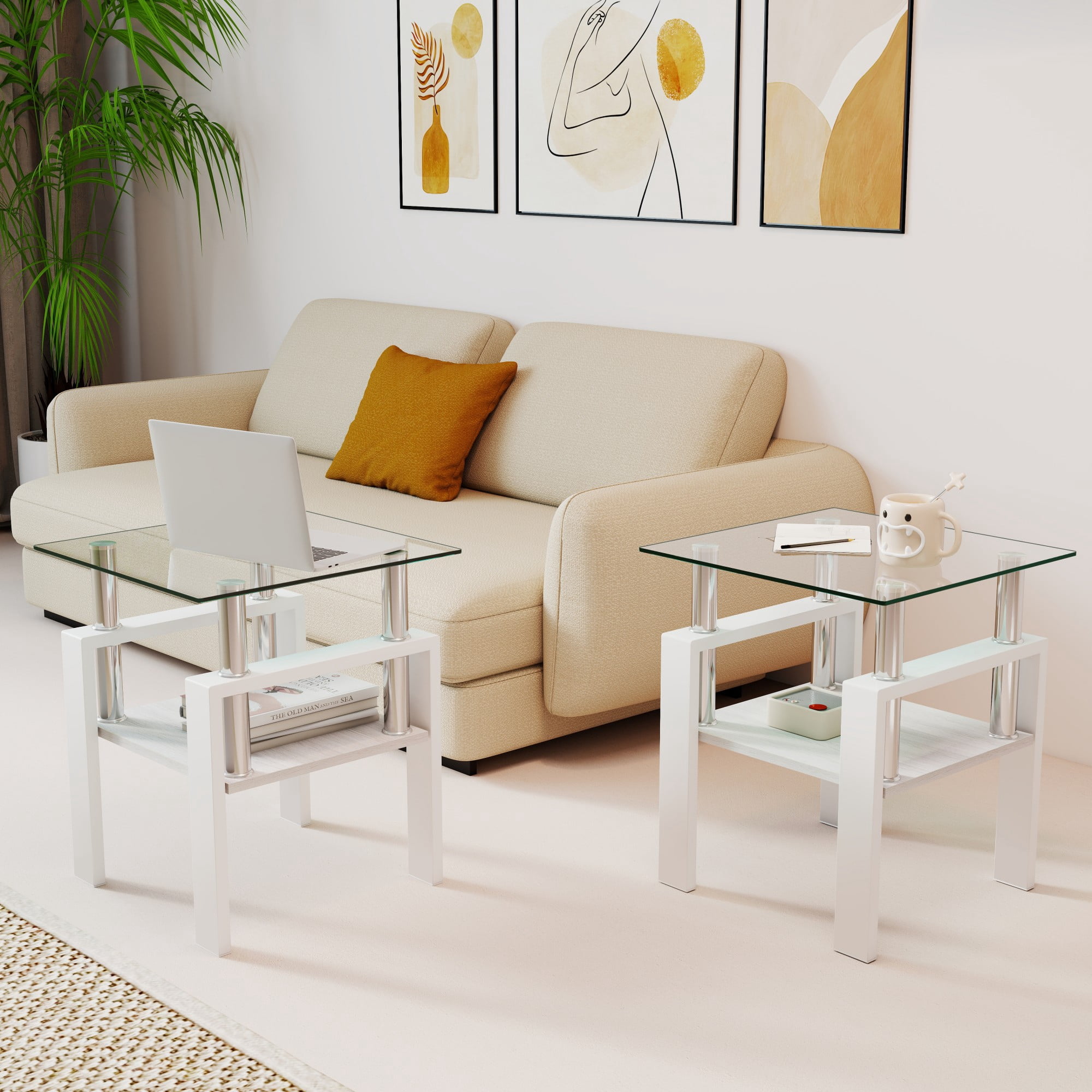 Euroco Set of 2 Modern Tempered Glass Tea Table,Tempered Glass Tabletop with MDF Layer,Coffee Table,End Table, Square Table for Living Room, Transparent/white