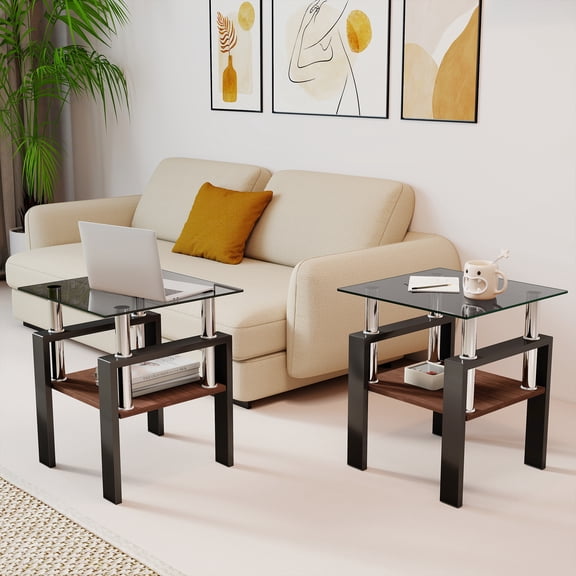 Euroco Set of 2 Modern Tempered Glass Tea Table ,Tempered Glass Tabletop with MDF Layer,Coffee Table,End Table, Square Table for Living Room, gray/black