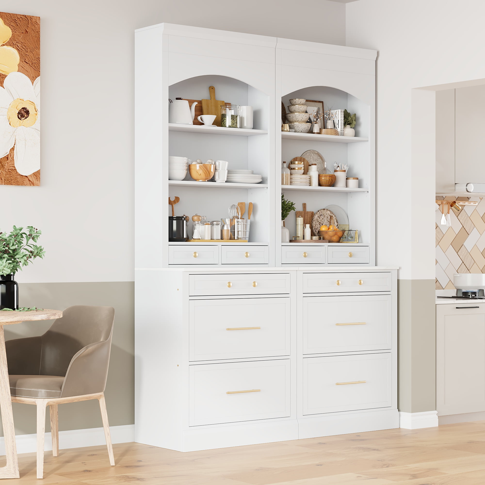 Euroco Set of 2 Tall Kitchen Pantries with Adjustable Shelves, 10 Drawers, Faux Marble Countertop – Freestanding, Sturdy MDF Construction, Ample Storage, Anti-Tipping Devices Included