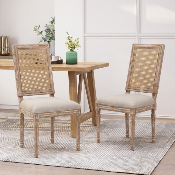 Euroco Set of 2 French Country Dining Chairs with Cane Backrest, Upholstered Seat, and Weathered Rubberwood Frame, Vintage Farmhouse Side Chairs
