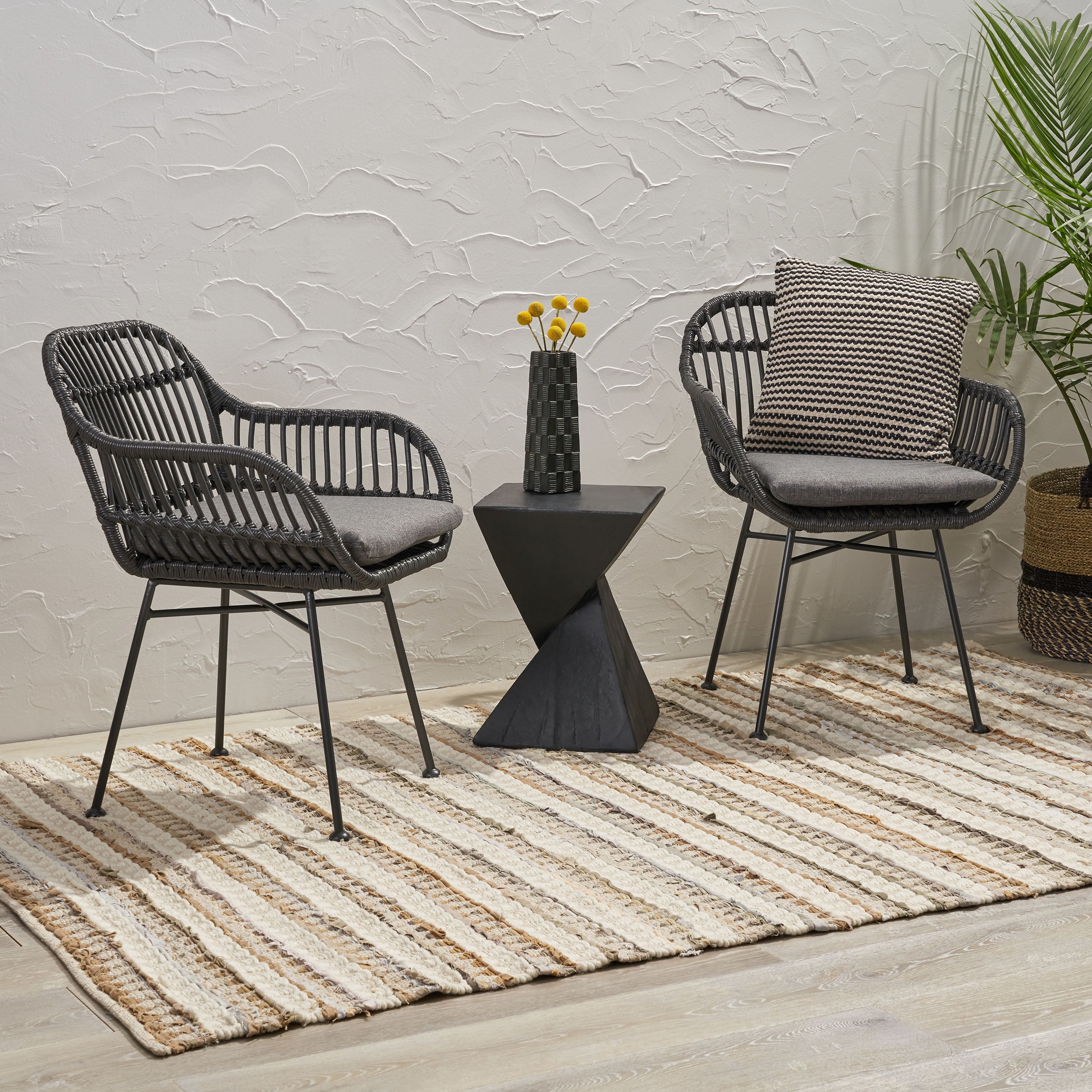 Euroco Set of 2 Modern PE Rattan Accent Chairs with Water-Resistant Cushions and Black Steel Frame