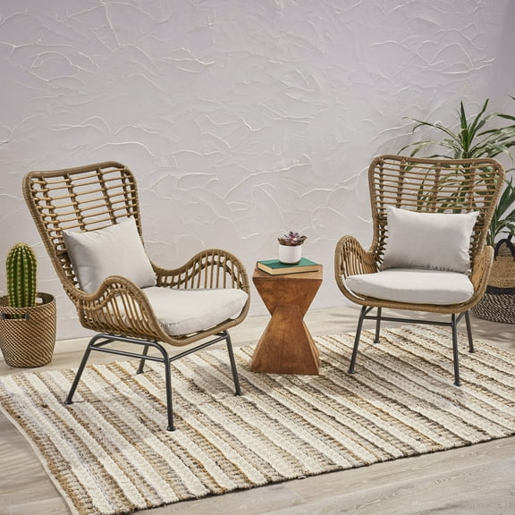 Euroco Set of 2 Modern Rattan Outdoor Chairs with Water-Resistant Cushions, Handwoven PE Wicker, and Steel Frame