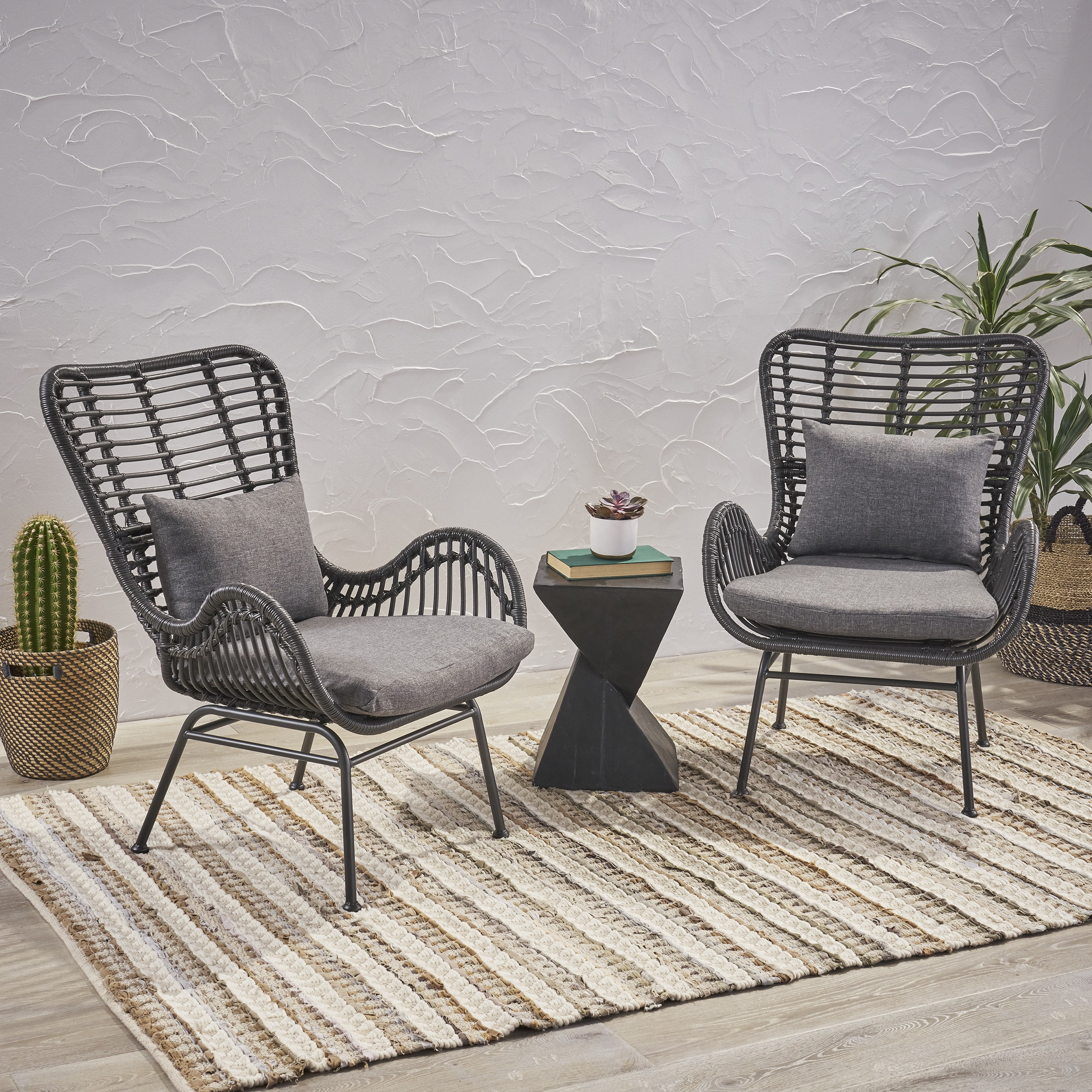 Euroco Set of 2 Modern Rattan Outdoor Chairs with Water-Resistant Cushions, Handwoven PE Wicker, and Steel Frame